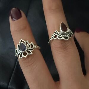 Iolite lotus ring, garnet pear crown ring